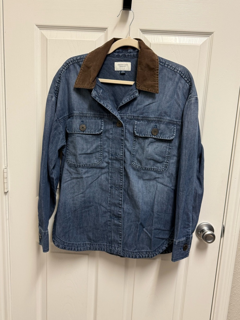 American Eagle Outfitters Blue Denim Shacket with Brown Corduroy Collar